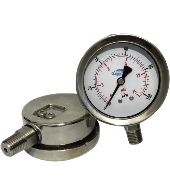 Floyd General Purpose Analogue Pressure Gauge (63mm Dial, Vacuum to 150 kPa, Oil Filled, Bottom Connection)